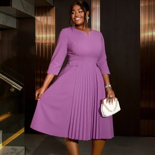 AM040920 Foreign trade women's fashion pleated skirts elegant solid color pleated plus-size dresses