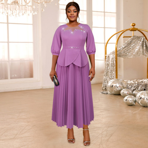 AM040628 Cross-border plus-size lotus swing fake two dresses Fashion see-through collar party dress