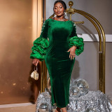 AM040801 Cross-border personality studded long sleeve flannelette dress European and American party banquet dress dress