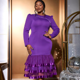 AM040712 Cross-border plus-size beaded waist dress Fishtail splicing Party dress Party Dress