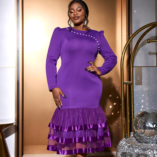 AM040712 Cross-border plus-size beaded waist dress Fishtail splicing Party dress Party Dress