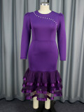AM040712 Cross-border plus-size beaded waist dress Fishtail splicing Party dress Party Dress