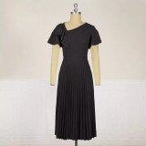 Spring and summer new hemmed skirt pleated skirt oblique shoulder all temperament plus-size women hemmed skirt