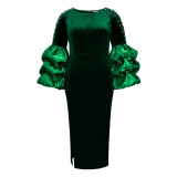AM040801 Cross-border personality studded long sleeve flannelette dress European and American party banquet dress dress