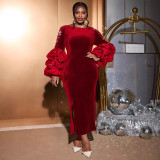 AM040801 Cross-border personality studded long sleeve flannelette dress European and American party banquet dress dress