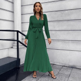 2025 autumn and winter foreign trade women's new V-neck long sleeve pleated A-line skirt Europe and the United States cross-border Amazon mid-length dress