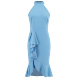 European and American women's clothing explosion Amazon cross-border sexy bag hip slim-fit standing collar sleeveless ruffled fishtail skirt dress