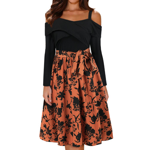 Europe and the United States cross-border foreign trade spring new slim-fit temperament long-sleeved one-neck off-the-shoulder floral A-line dress