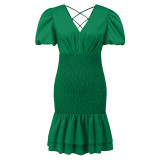 The new summer V-neck pleated tailored short dress sexy halter with puffy sleeves for women dress explosion