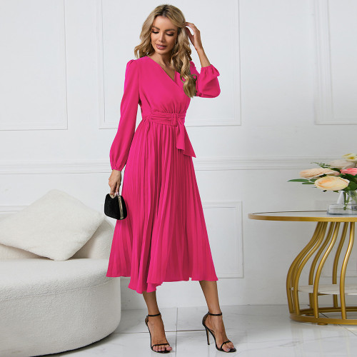 2025 Europe and the United States foreign trade women's new long-sleeved slim pleated belt V-neck dress cross-border Amazon A-line skirt