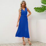 Europe and the United States cross-border women's new sexy slim-fit temperament V-neck pleated belt dress Amazon dress skirt