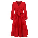 2025 Europe and the United States foreign trade women's new long-sleeved slim pleated belt V-neck dress cross-border Amazon A-line skirt