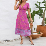 Sexy short-sleeved V-neck dress Boho Beach vintage floral skirt for women Summer Explosion