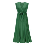 Europe and the United States Amazon temperament beach long dress fashion slim sexy lotus sleeve chiffon pleated skirt solid color dress