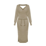 2023 autumn and winter new knitted dress slim V-neck sweater dress can do Europe and the United States foreign trade Amazon explosion