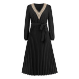 winter women's new fashion slim temperament V-neck lace pleated dress in the long A-line skirt Amazon explosion