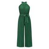 Sexy halter-neck sleeveless pleated one-piece pants 2025 summer female foreign trade new lace-up slim pleated wide-leg pants