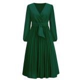 2025 Europe and the United States foreign trade women's new long-sleeved slim pleated belt V-neck dress cross-border Amazon A-line skirt