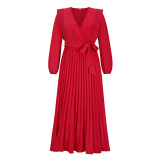 autumn and winter new women's clothing Amazon foreign trade temperament V-neck swing pleated dress Europe and the United States cross-border dress