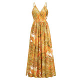 2025 Cross-border foreign trade women's new Bohemian print long dress Amazon sexy V-neck halters dress
