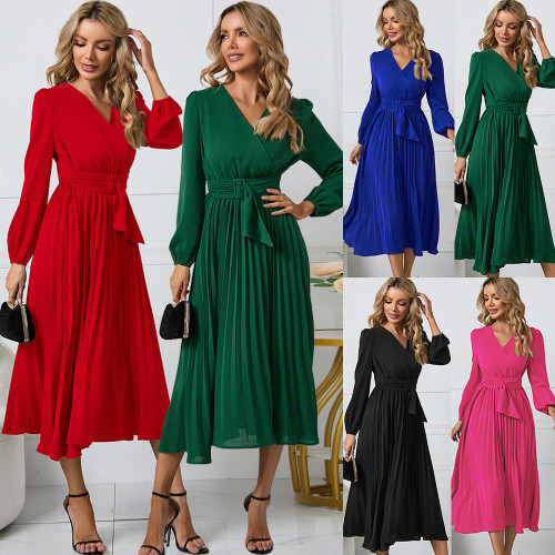 2025 Europe and the United States foreign trade women's new long-sleeved slim pleated belt V-neck dress cross-border Amazon A-line skirt