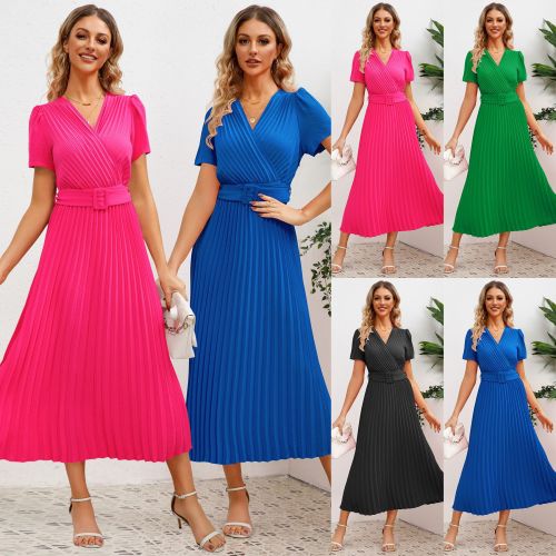 Europe and the United States foreign trade compression waist slimming temperament cross-border women's summer new V-neck dress long pleated skirt