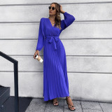 2025 autumn and winter foreign trade women's new V-neck long sleeve pleated A-line skirt Europe and the United States cross-border Amazon mid-length dress
