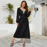 winter women's new fashion slim temperament V-neck lace pleated dress in the long A-line skirt Amazon explosion