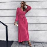 2025 autumn and winter foreign trade women's new V-neck long sleeve pleated A-line skirt Europe and the United States cross-border Amazon mid-length dress