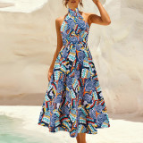 Sexy standing collar sleeveless printed skirt cross-border foreign trade women's new mid-length dress in Europe and the United States foreign trade explosion