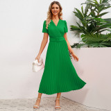 Europe and the United States foreign trade compression waist slimming temperament cross-border women's summer new V-neck dress long pleated skirt