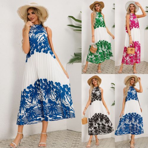 2025 Europe and the United States foreign trade cross-border women's stand collar sleeveless pleated printed skirt loose A long skirt burst dress