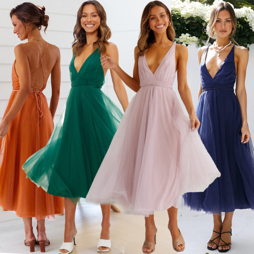 summer new halter dress Europe and the United States foreign trade sexy gauze flowing dress dress bridesmaid dress