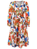Han Yige European and American women's cross-border Amazon independent station 2025 slim-fit temperament printed waist long sleeve dress