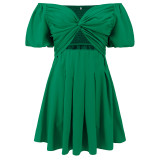 Cross-border sexy off-shoulder lantern sleeve pleated dress Europe and the United States foreign trade spring and summer women's new short A-line skirt