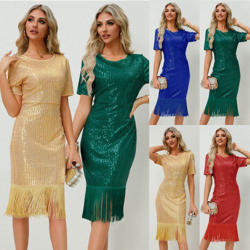 Amazon new women's 2025 Europe and the United States new retro sequin fringe dress skirt sexy party gown