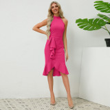 European and American women's clothing explosion Amazon cross-border sexy bag hip slim-fit standing collar sleeveless ruffled fishtail skirt dress