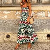 2025 Cross-border summer women's elegant print elastic strap skirt holiday style French floral halter long dress