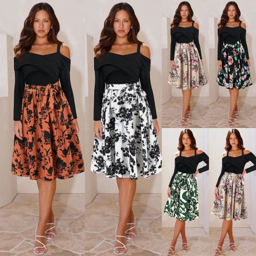 Europe and the United States cross-border foreign trade spring new slim-fit temperament long-sleeved one-neck off-the-shoulder floral A-line dress