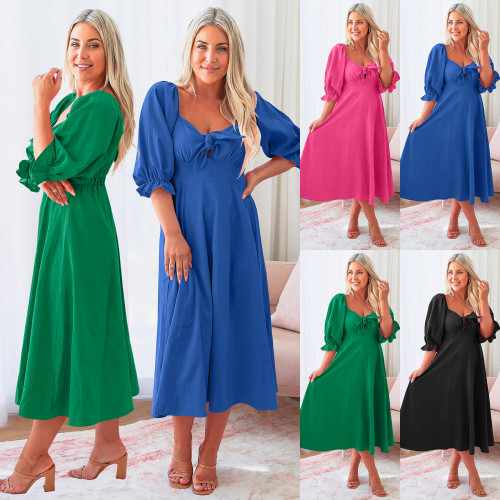 Europe and the United States cross-border women's spring and summer new sexy elegant slim temperament lantern sleeve dress in the long skirt