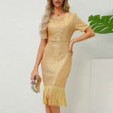 Amazon new women's 2025 Europe and the United States new retro sequin fringe dress skirt sexy party gown