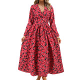 spring and summer new women's wear French V-neck long sleeve printed chiffon dress cross-border foreign trade burst wholesale