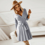 autumn and winter new sweater dress Europe and the United States foreign trade sexy V-neck pleated knitted short A-line dress Amazon