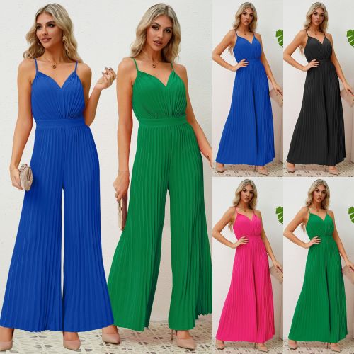 Amazon Europe and the United States cross-border fashion women's burst V-neck suspender pleated jumpsuit