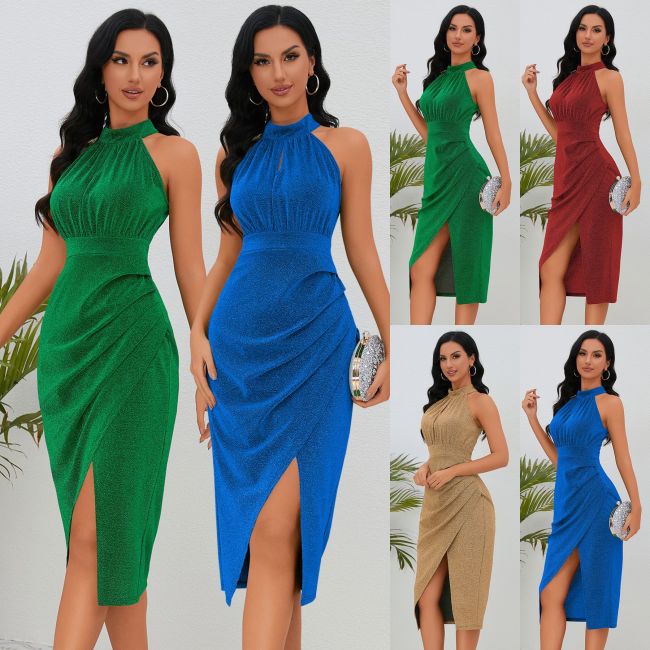 summer cross-border foreign trade new shining bright stand collar dress skirt slim sexy slit irregular dress