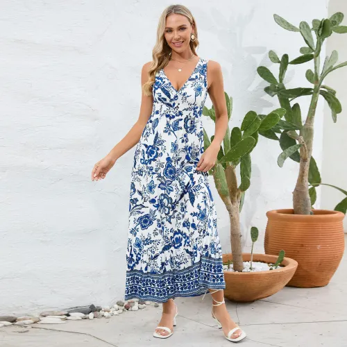 Sexy V-neck slim-fit temperament dress 2025 summer European and American women's floral dress vintage printed long skirt