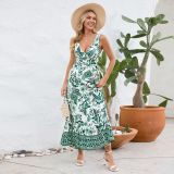Sexy V-neck slim-fit temperament dress 2025 summer European and American women's floral dress vintage printed long skirt
