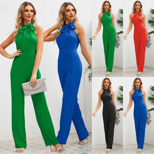 2025 summer explosive sexy slim temperament rompers sleeveless standing collar bow straight leg long pants Amazon