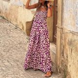 2025 Cross-border summer women's elegant print elastic strap skirt holiday style French floral halter long dress