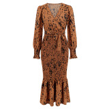 European and American women's dress Amazon new slim-fit temperament V-neck belt printed skirt long fishtail dress explosion